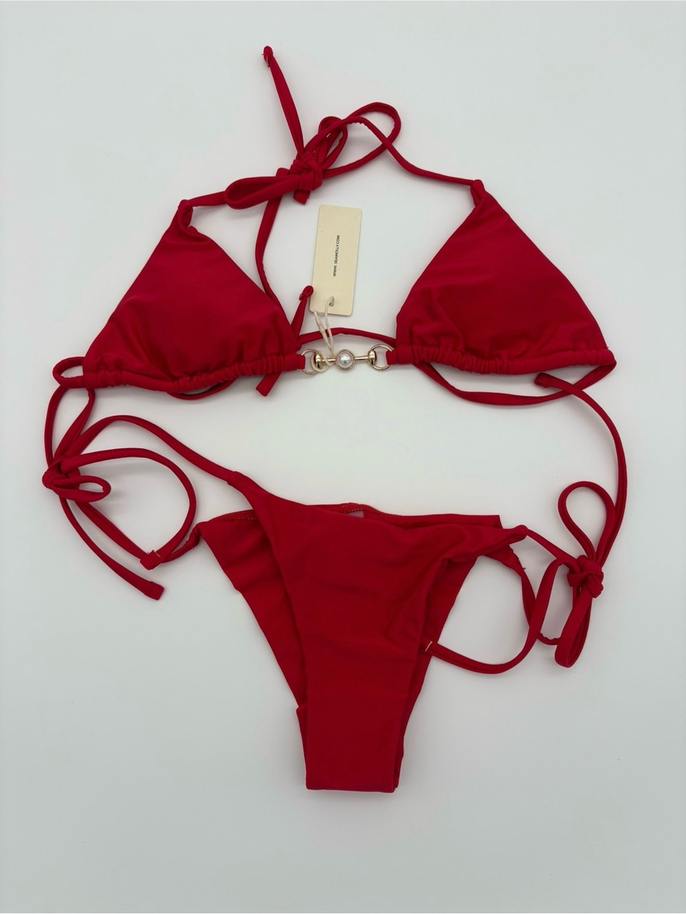 Red Triangle String Bikini Set with Gold Accent NWT